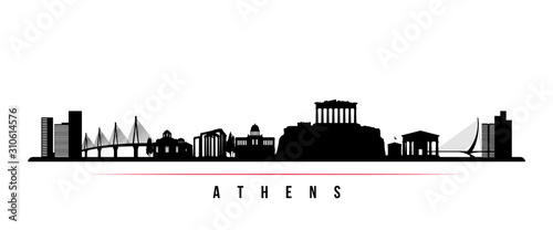 Athens skyline horizontal banner. Black and white silhouette of Athens, Greece. Vector template for your design.