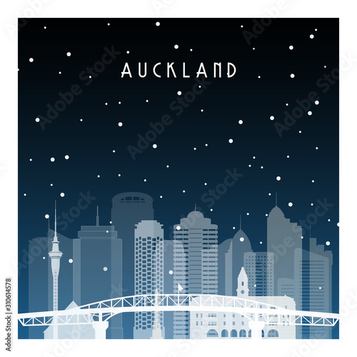 Winter night in Auckland. Night city in flat style for banner, poster, illustration, background.