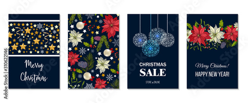 Christmas banners set with fir branches, poinsettia flowers, snowflakes