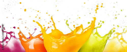 collection of fruit juice colorful splashes isolated on white background.