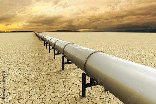 3D rendering of a pipeline over a dry land on the desert