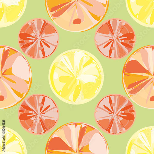 Abstract painterly slices of citrus fruit. .Seamless geometric vector pattern on light green background. Great for wellness, spa, health products, cafe, summer, packaging, fabric, stationery