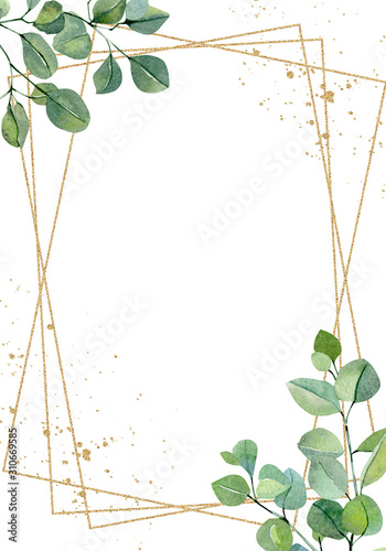 Watercolor hand painted greenery plants and nature eco design card. Floral branches and leaves silver dollar eucalyptus and garden plants. Illustration for design, banner and party card.