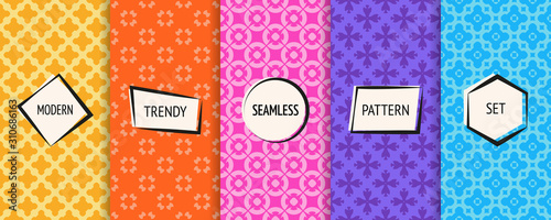 Geometric seamless patterns collection. Vector set of colorful floral background swatches with modern minimal funky labels. Cute abstract textures in bright colors, yellow, orange, pink, purple, blue