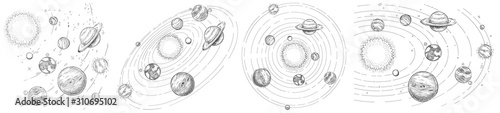 Sketch solar system. Hand drawn planets orbits, planetary and earth orbit vector illustration set. Astronomy themed coloring book drawings pack. Celestial bodies orbiting around sun in center