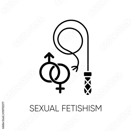 Sexual fetishism glyph icon. Male and female erotic play. Sex toy stimulation. Specific intimate behaviour fixation. Mental disorder. Silhouette symbol. Negative space. Vector isolated illustration