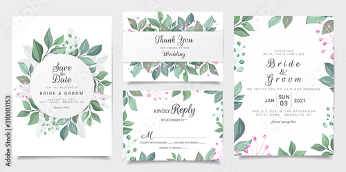 Wedding invitation card template set with flat blue and green botanic decoration. Leaves illustration for background, save the date, invitation, greeting card, poster vector
