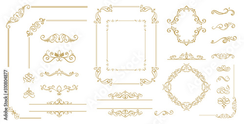 Luxury Gold vintage invitation vector set. Ornamental curls, dividers, Border design and golden components design for wedding invite, menus, certificates, boutiques, spa and logo design.