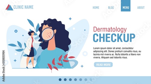 Landing Page Advertising Dermatology Checkup. Woman Dermatologist with Magnifying Glass Examining Patient. Face Skin Rash Problem. Health Skincare. Online Consultation. Cartoon Vector Illustration