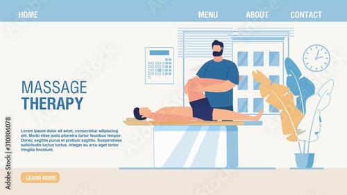 Massage Therapy and Rehabilitation Service Landing Page. Professional Man Masseur Working with Male Patient Injured Leg. Treatment, Recovery and Healthcare. Vector Flat Cartoon Illustration