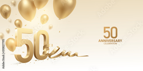 50th Anniversary celebration background. 3D Golden numbers with bent ribbon, confetti and balloons.