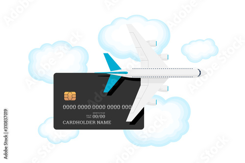 Miles bank premium card with airplane on sky with clouds. Credit or debit plastic card with bonus for frequent air travel vector illustration