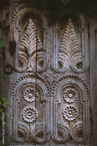 Banner of wooden window platband with beautiful ornament. Stock photography. Nature background.