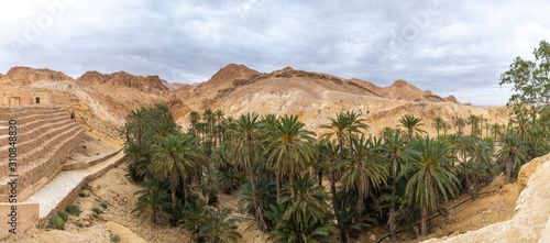 Beautiful green mountain oasis in Tunisia. Chebika oasis in Tozeur Governorate. Horizontal panoramic color photography. Aerial top view.