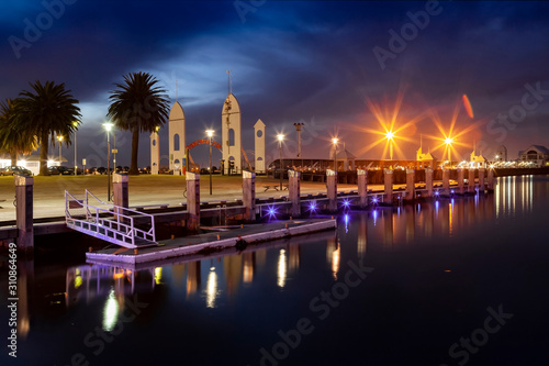 Geelong Waterfront jetty with famous Cunningham Pier background, in a dusk setting