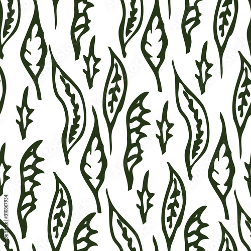 Seamless background of various outlines leaves doodles