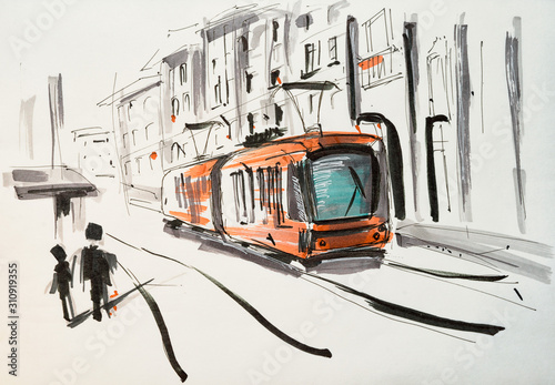 Hand drawn marker sketch of a tram on the street.