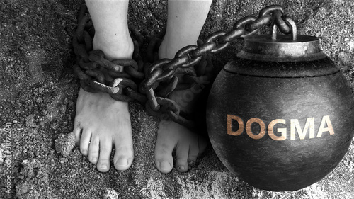 Dogma as a negative aspect of life - symbolized by word Dogma and and chains to show burden and bad influence of Dogma, 3d illustration