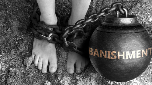 Banishment as a negative aspect of life - symbolized by word Banishment and and chains to show burden and bad influence of Banishment, 3d illustration