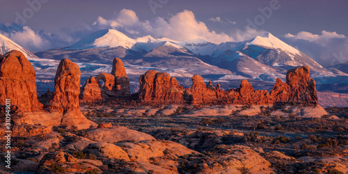 FEBRUARY 15, 2019 - ARCHES NATIONAL PARK, UTAH , USA - Arches National Park, Utah at sunset - Lasalle Mountains in distance