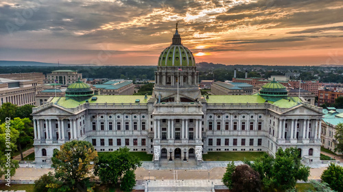 Capitol in Harrisburg, Pennsylvania in sunrise, aerial panoramic view