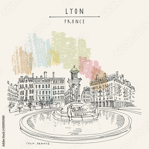 Fountain in Lyon, France, Europe. European city illustration. Hand drawing in retro style. Travel sketch. Vintage hand drawn touristic postcard, poster or book illustration