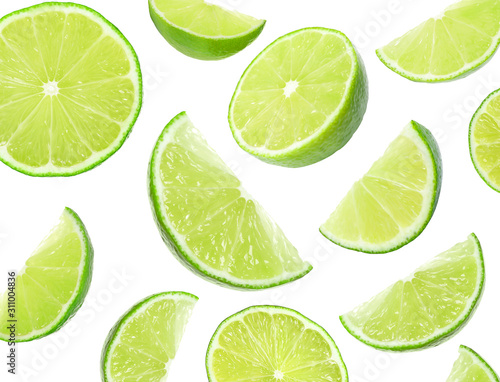 Collage of flying cut limes on white background