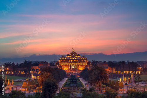 night view of akshardham temple in delhi, india