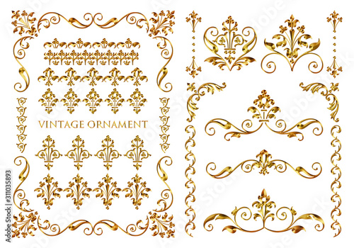 Vintage ornament set. Metallic golden frame and border.