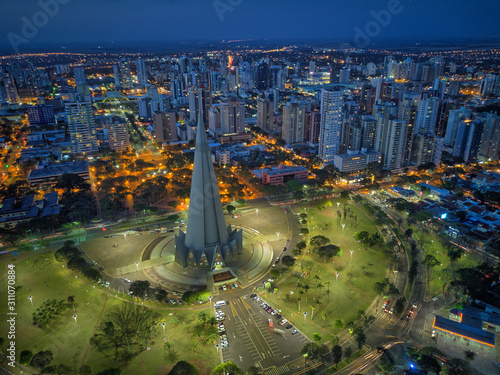 Aerial View of Maringa, Cathedral and downtown. Several buildings. Paraná, Brazil.