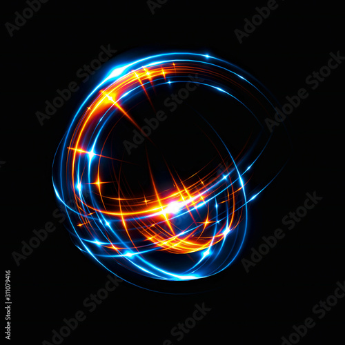3D Atom icon. Luminous nuclear model on dark background. Glowing energy balls. Molecule structure. Trace atoms and electrons..Physics concept. Microscopic forms. Nuclear reaction element. Neutron.