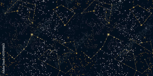 Starry night sky seamless pattern. Magic space print. Stars and constellations on a dark background. Cosmos texture, template for web design, Wallpaper, backdrops, covers, printing.... Vector.