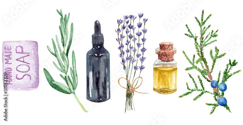 Aromatherapy and essential oils set of watercolor illustrations with handmade soap, lavender and rosemary.