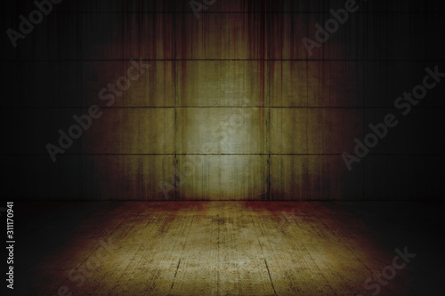 Bloody background scary old cement blocks wall and cement floor in empty room, concept of horror and Halloween
