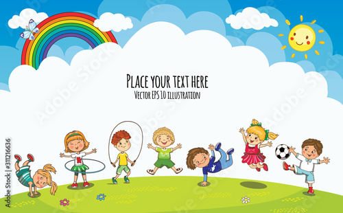 Vector playground with jumping boys and girls. Template for advertising kids brochure. Kindergarten, school children summer, spring vacation.