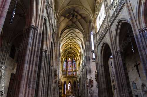Interior of St. Vitus Cathedral or The Metropolitan Roman Catholic Cathedral of Saints Vitus, Wenceslaus and Adalbert in Prague Castle Hradcany Lesser Town district, Bohemia, Czech Republic
