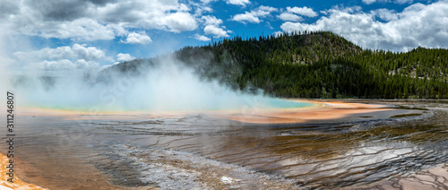 Panorama of grand prismatic spring area in the Yellowstone National Park.