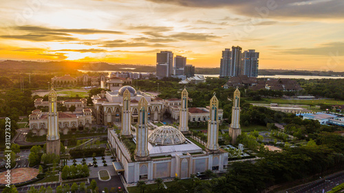 Beautiful aerial view of sunrise at The Kota Iskandar Mosque located at Kota Iskandar, Iskandar Puteri, Johor State Malaysia early in the morning