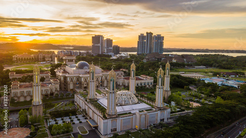 Beautiful aerial view of sunrise at The Kota Iskandar Mosque located at Kota Iskandar, Iskandar Puteri, Johor State Malaysia early in the morning