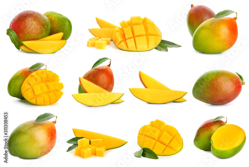 Collage with tasty mango fruit on white background