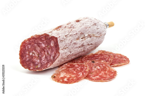 Cured salami sausage, Italian cuisine, isolated on white background