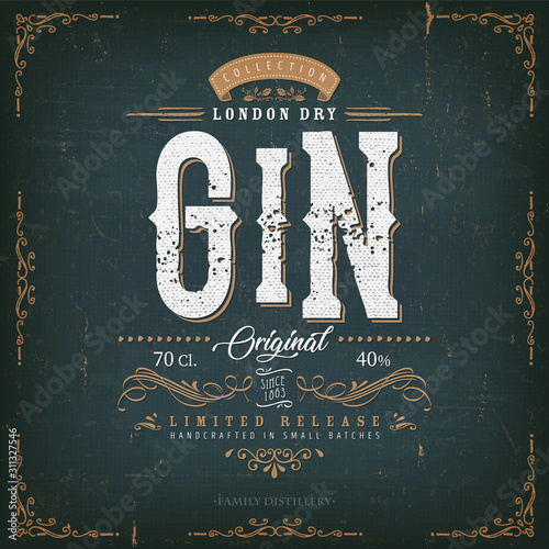 Vintage London Gin Label For Bottle/ Illustration of a vintage design elegant london dry gin label, with crafted lettering, specific product mentions, textures and hand drawn patterns