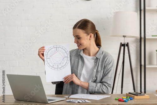 Smiling astrologer holding natal chart with cards with zodiac signs on table