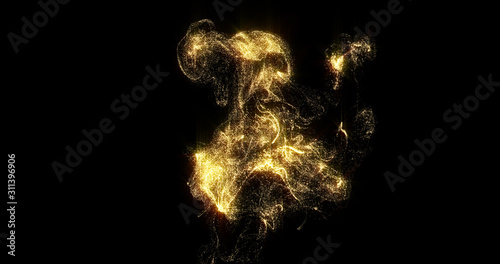 Golden smoke, shining golden fluid particles, liquid glitter light pour on black background. Sparkling gold, glittering shimmer magic glow haze with curl swirl pouring and evaporating effect