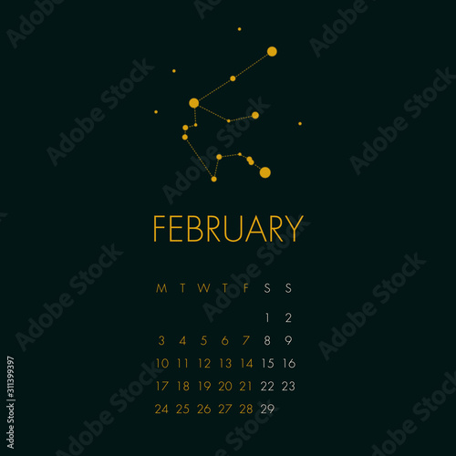 2020 calendar. Monthly minimalist calendar with constellations illustration. Springummer Storm color. Saffron Gold embossment. Stationery