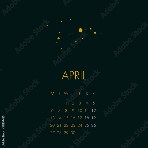 2020 calendar. Monthly minimalist calendar with constellations illustration. Springummer Storm color. Saffron Gold embossment. Stationery