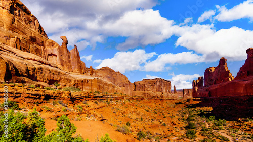 Sandstone Hoodoos, Pinnacles and Rock Fins at the Park Avenue valley in Arches National Park near Moab, Utah, United States