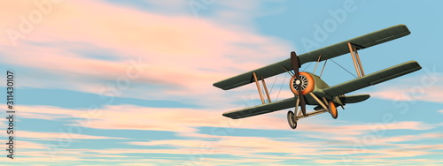 Old retro biplane flying in the sky - 3D render