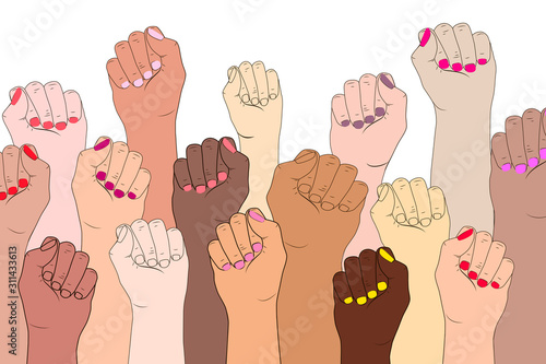 Female hands on a white background. A symbol of the feminist movement, struggle and resistance. Vector illustration concept of International women feminism. Female fingers with manicure isolated.