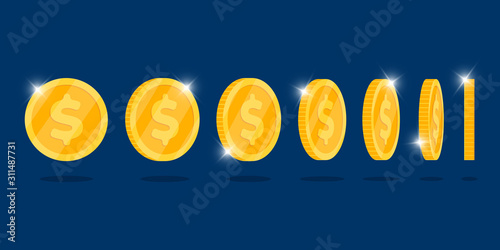 Gold 3d coin turn around different position set for game or apps animation. Bingo jackpot casino poker win element. Cash treasure concept flat vector illustration